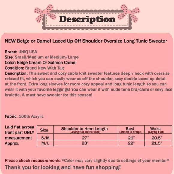 NEW Salmon Camel Laced Up Braid Cable Off Shoulder V Neck Longline Tunic Sweater - Picture 9 of 10